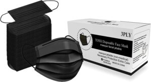 Tossi Disposable Face Mask(Black) 100 pcs, 3-ply masks with adjustable nose strip